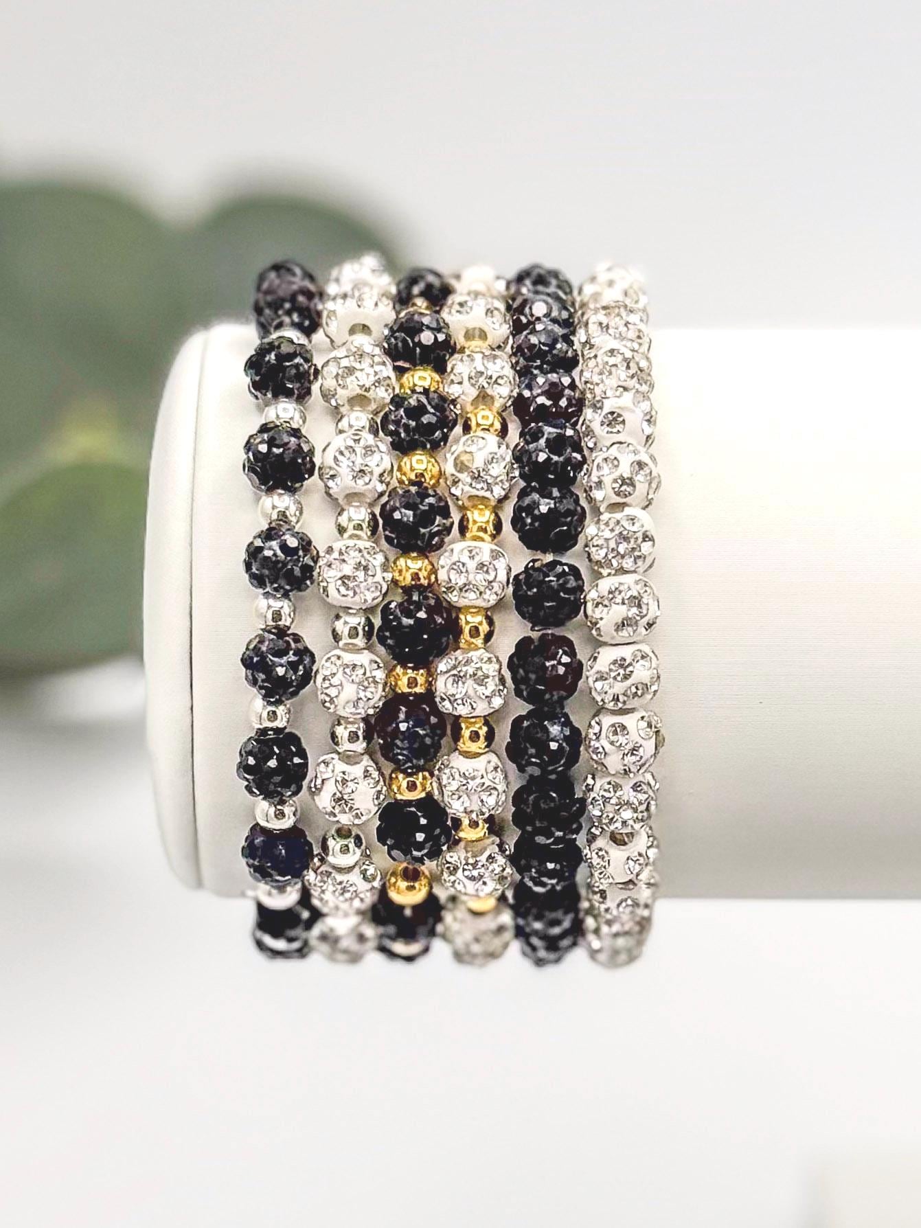 Dainty Shamballa Bead Bracelet - 6mm Bead Size - Various Designs - Gold & Silver Options - Rhinestone Beads - Stretchy, No Clasp Design