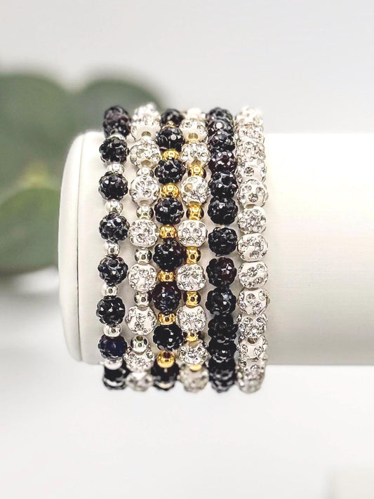 Dainty Shamballa Bead Bracelet - 6mm Bead Size - Various Designs - Gold & Silver Options - Rhinestone Beads - Stretchy, No Clasp Design