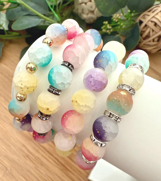 Dazzling Frosted Glass Bracelets with Gold Glitter - Pastel Colors - Various Sizes - Stretchy, No Clasp Design
