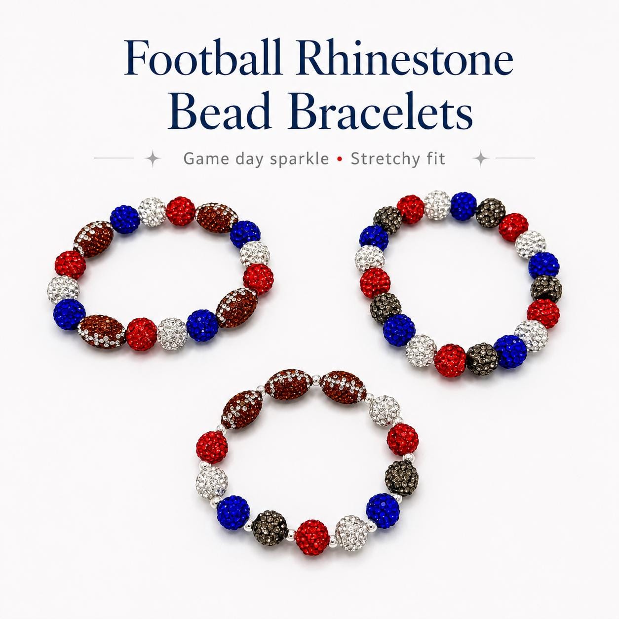 Football Rhinestone Bracelet, Red White Blue Bead Bracelet, Sparkly Game Day Jewelry, Football Mom Gift