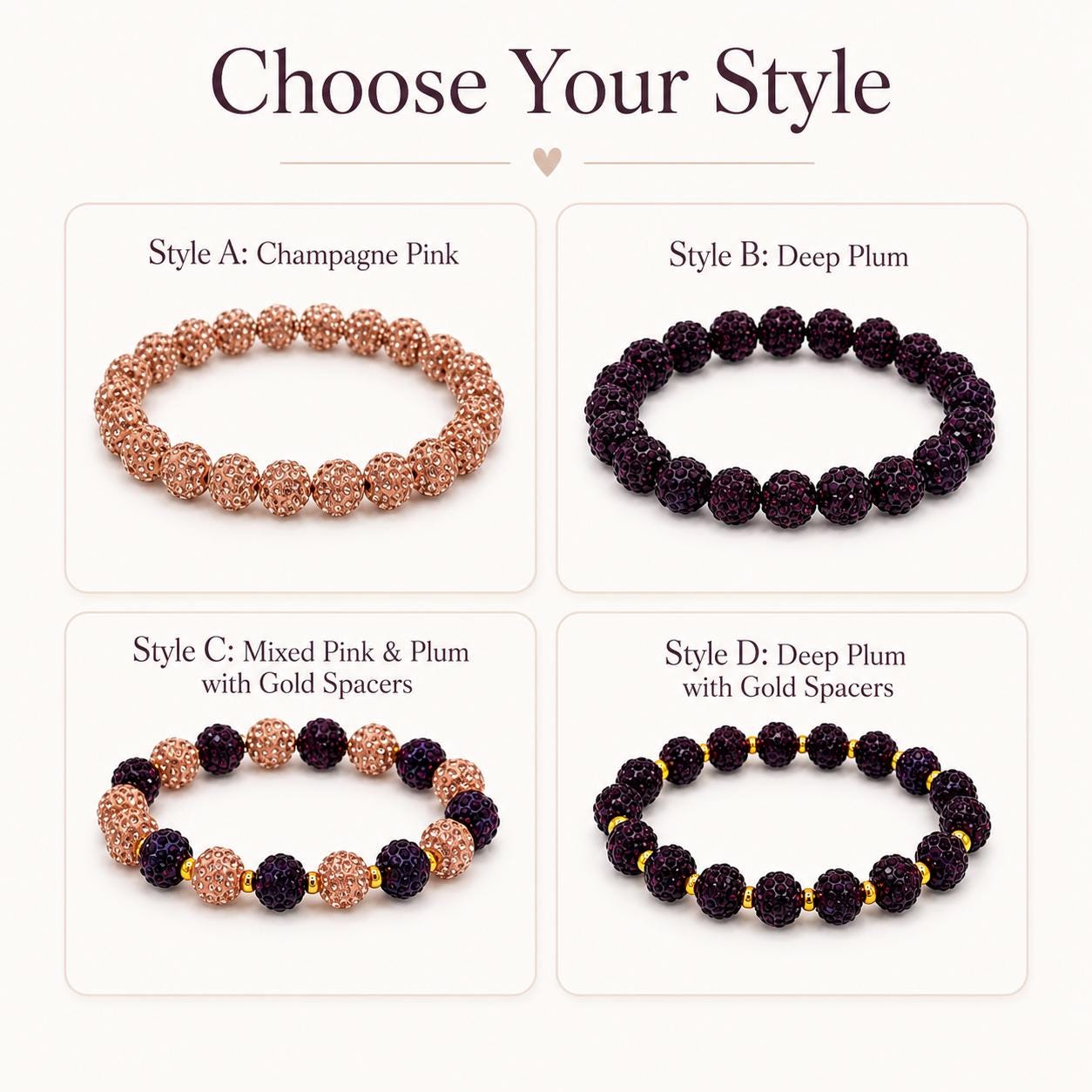Deep Plum Champagne Pink Rhinestone Shamballa Bracelet, 10mm Sparkle Bead Stretch Bracelet, Gold Spacer Bracelet, Choose Your Style