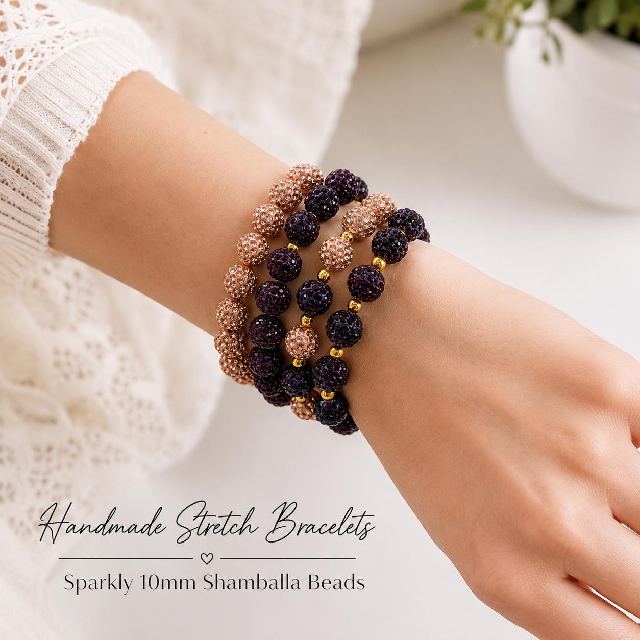 Deep Plum Champagne Pink Rhinestone Shamballa Bracelet, 10mm Sparkle Bead Stretch Bracelet, Gold Spacer Bracelet, Choose Your Style