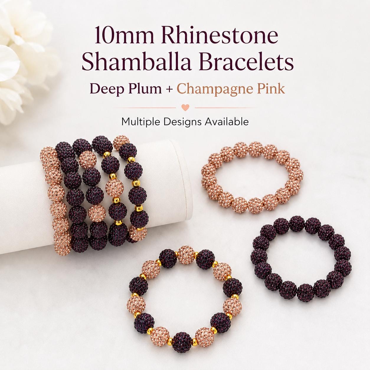 Deep Plum Champagne Pink Rhinestone Shamballa Bracelet, 10mm Sparkle Bead Stretch Bracelet, Gold Spacer Bracelet, Choose Your Style