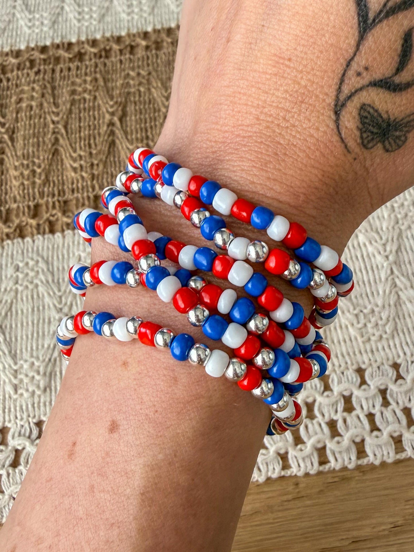 Handmade 4mm Glass Seed Beaded Bracelet: Silver Accents - Fourth of July - Fireworks Celebeation - Stretchy, No Clasp Design