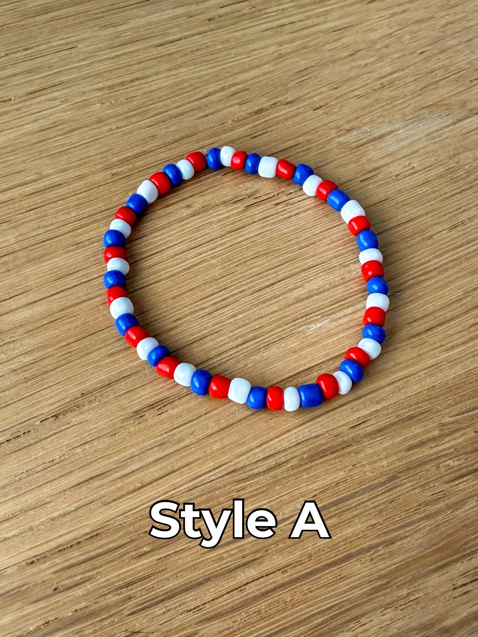 Handmade 4mm Glass Seed Beaded Bracelet: Silver Accents - Fourth of July - Fireworks Celebeation - Stretchy, No Clasp Design
