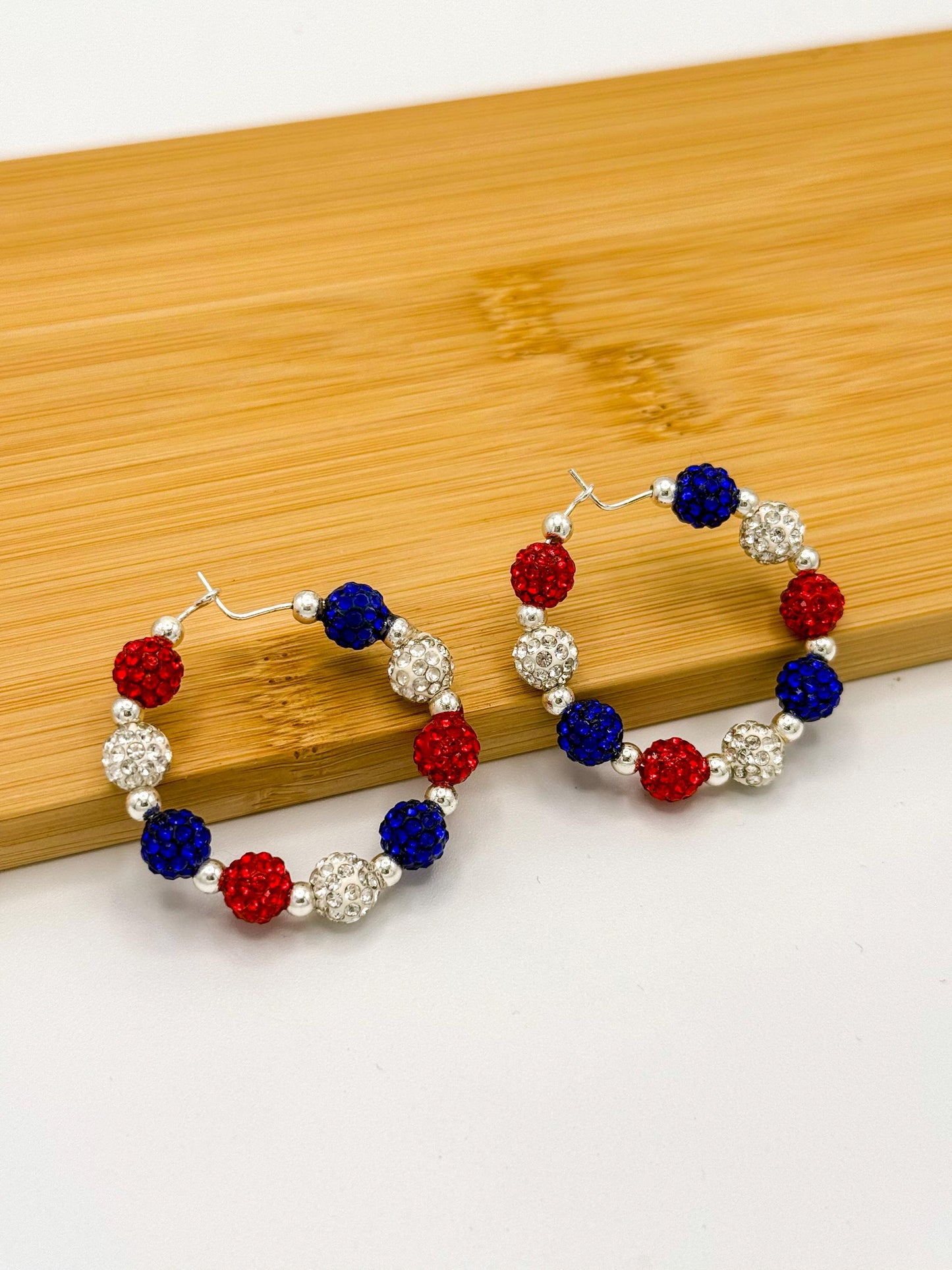 Sparkling Red, White & Blue Rhinestone Hoop Earrings - Celebrate in Style!