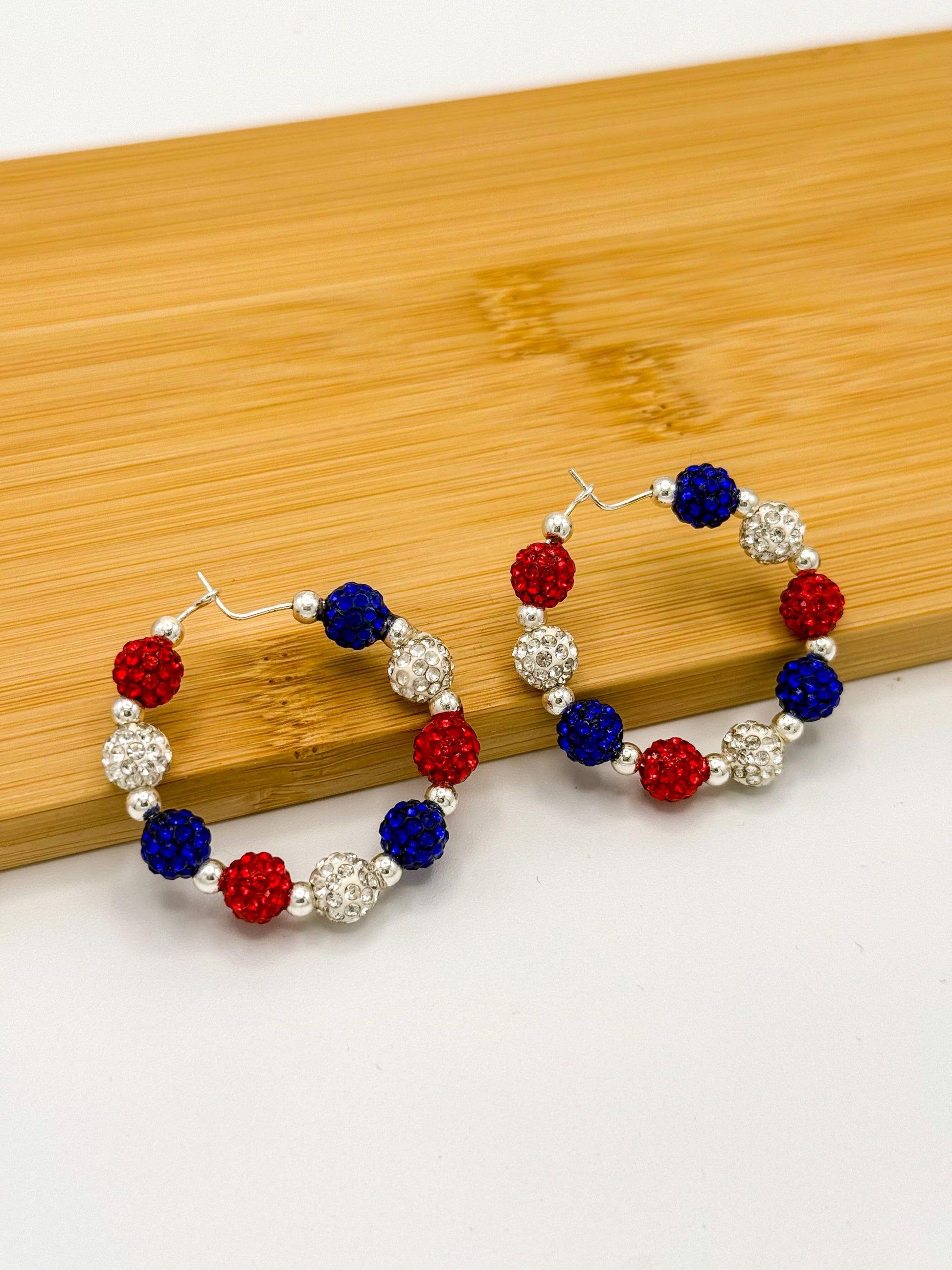 Sparkling Red, White & Blue Rhinestone Hoop Earrings - Celebrate in Style!