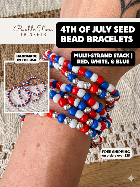 Handmade 4mm Glass Seed Beaded Bracelet: Silver Accents - Fourth of July - Fireworks Celebeation - Stretchy, No Clasp Design