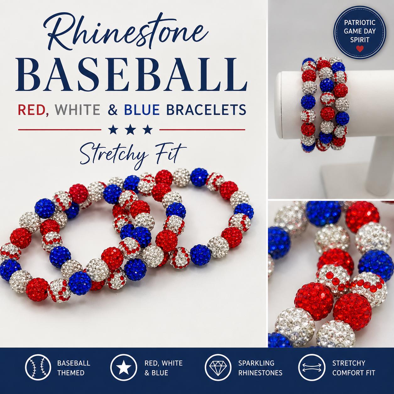 Baseball Drip Rhinestone Bracelet, Red White Blue Sparkle Team Colors Jewelry, Baseball Mom Gift, End of Season Team Gifts