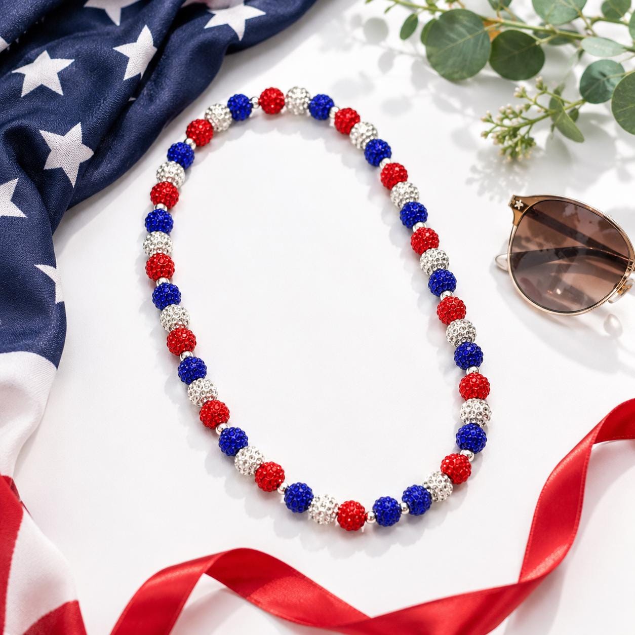 Red White Blue Rhinestone Necklace