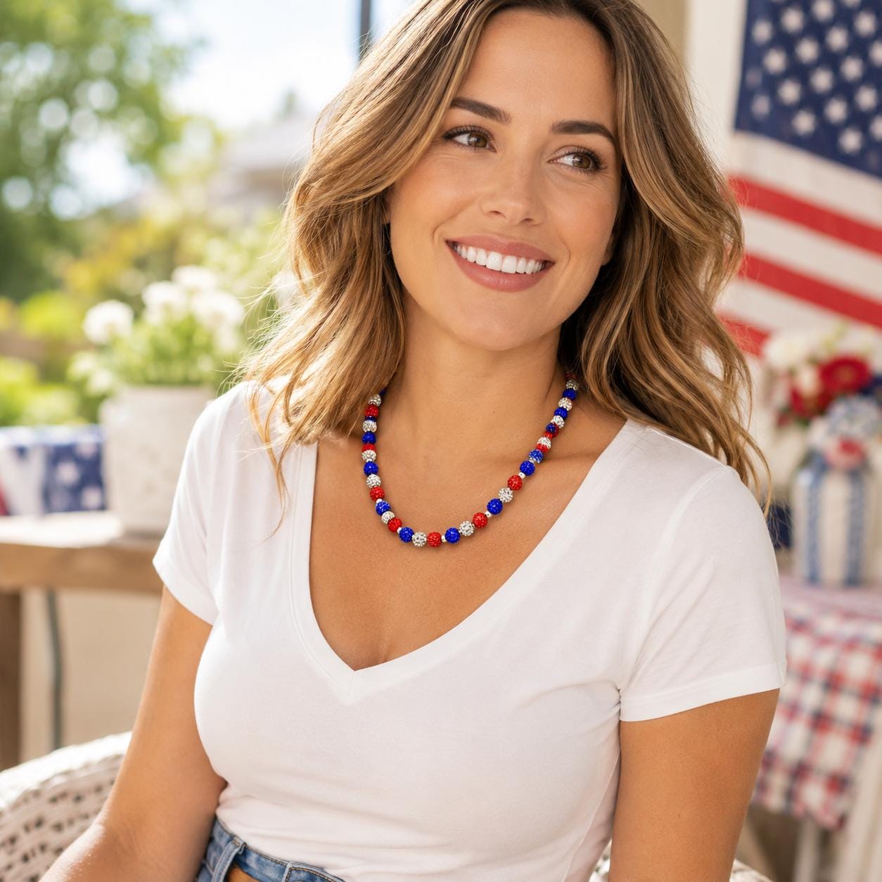 Red White Blue Rhinestone Necklace
