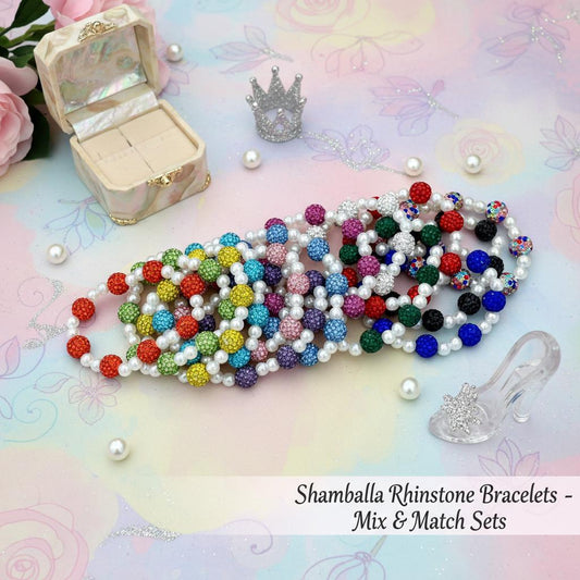 Mix and Match - Rhinestone Shamballa Pearl Bracelets - Various Colors & Sizes - Stretchy, No Clasp Design