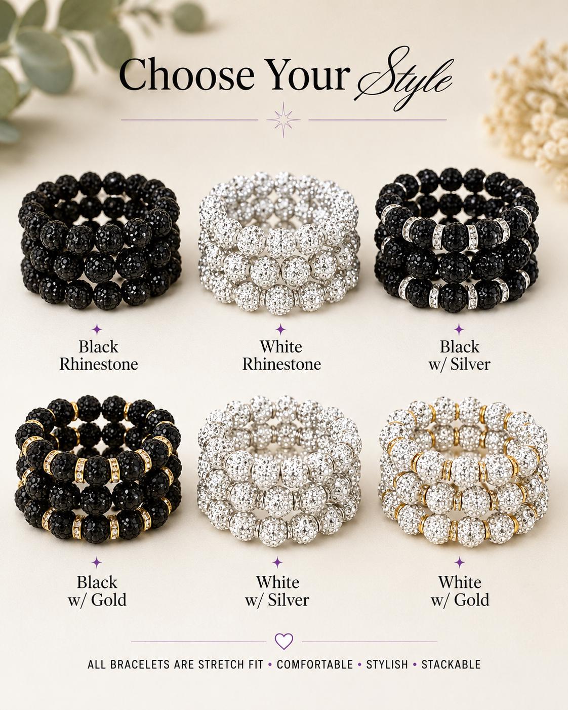 Rhinestone Shamballa Bracelet | Sparkly Stretch Bead Bracelet for Women | Silver and Gold Bling Jewelry | Bridesmaid Gift | Prom Accessories