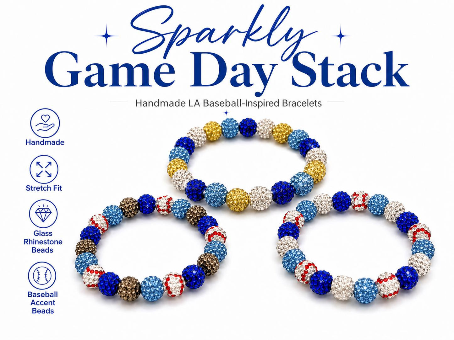 LA Baseball Rhinestone Bracelet, Dodger Blue Team Colors Jewelry, Baseball Mom Sports Bling, Stretch Beaded Game Day Stack Gift