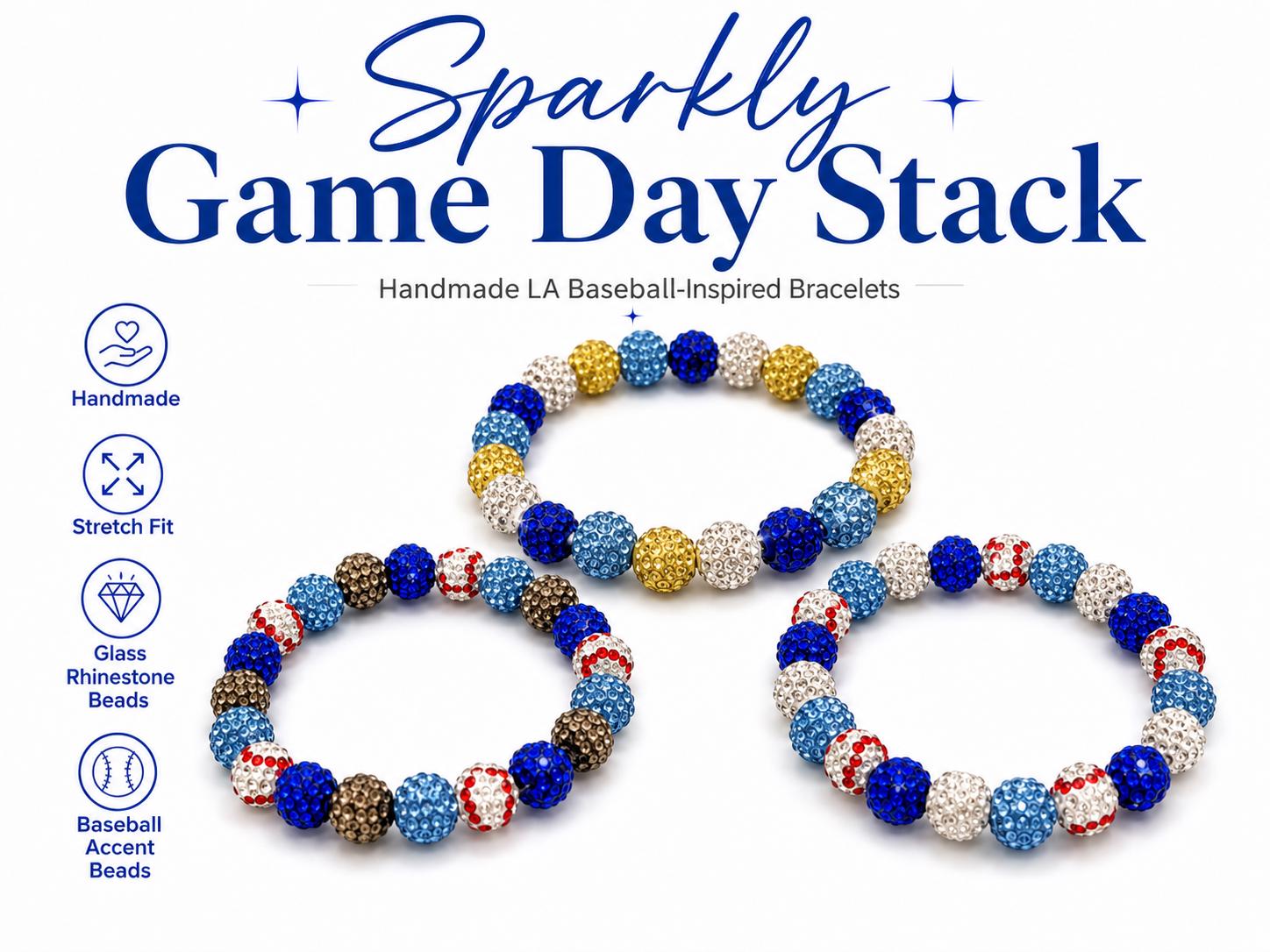 LA Baseball Rhinestone Bracelet, Dodger Blue Team Colors Jewelry, Baseball Mom Sports Bling, Stretch Beaded Game Day Stack Gift