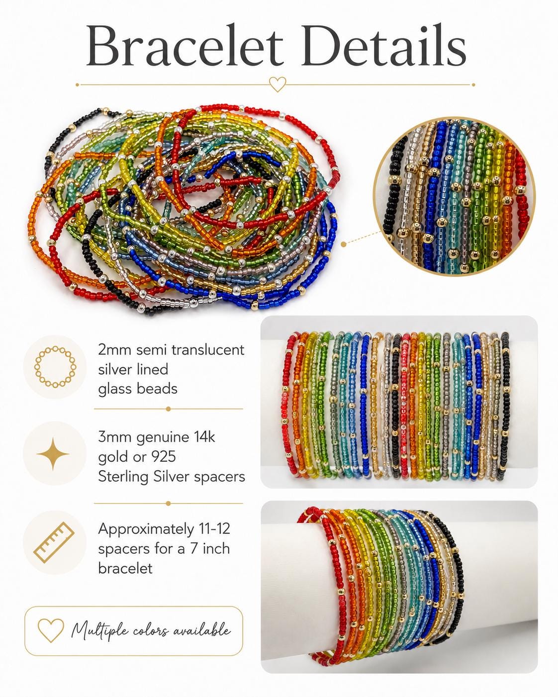 Dainty Glass Seed Bead Bracelet- 14k Gold- Sterling Silver- Silver Lined Semi Translucent Stretch Bracelets- Multiple Colors