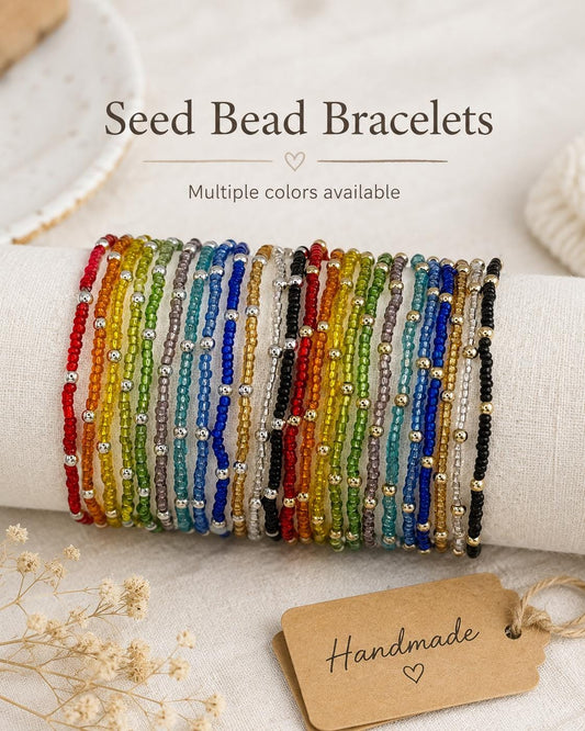 Dainty Glass Seed Bead Bracelet- 14k Gold- Sterling Silver- Silver Lined Semi Translucent Stretch Bracelets- Multiple Colors