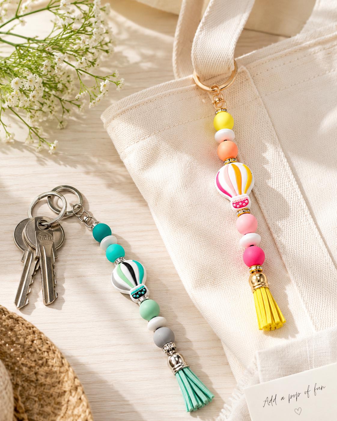 Hot Air Balloon Beaded Keychain, Tassel Purse Charm, Handmade Bag Charm, Gold or Silver Hardware, Backpack Accessory