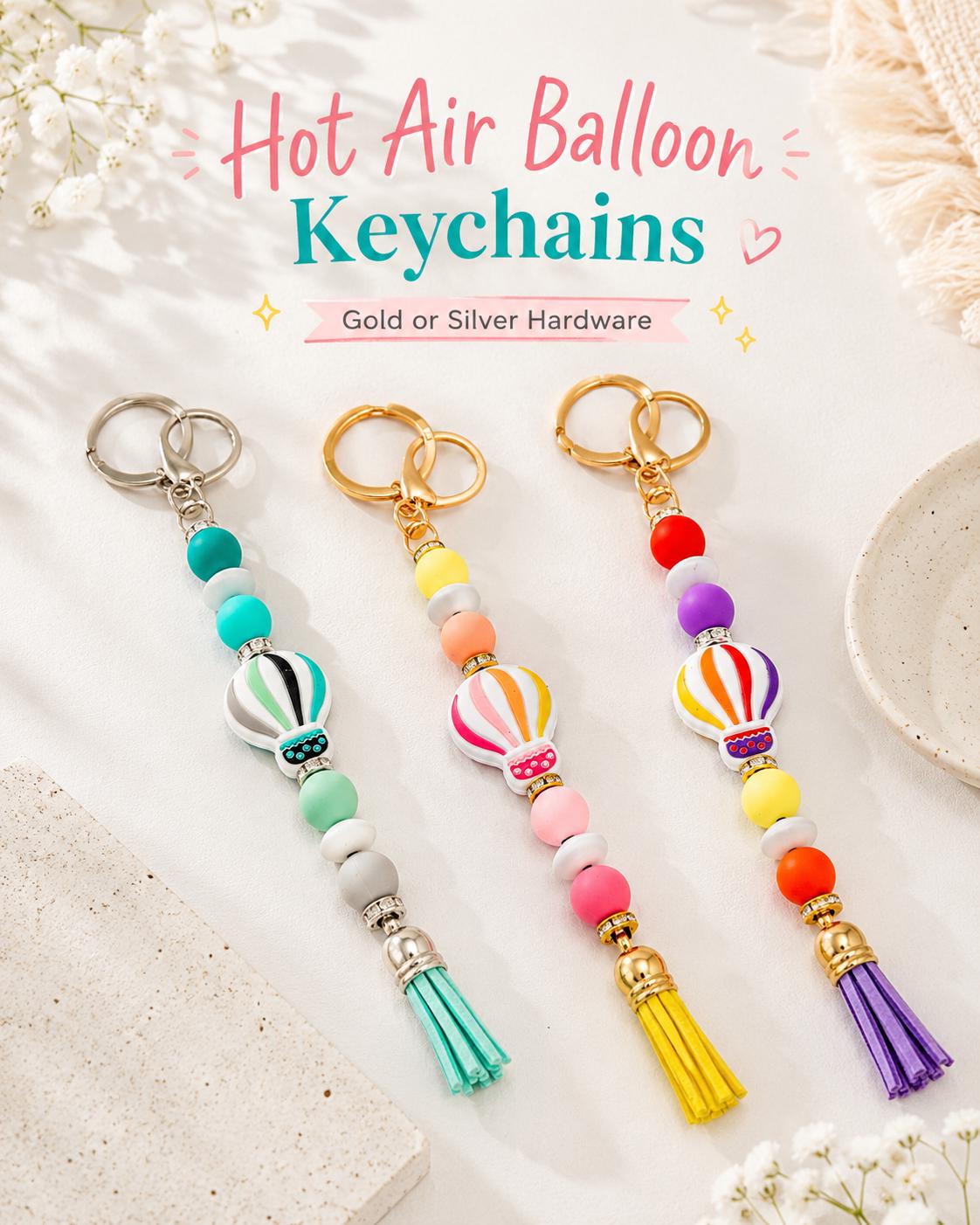 Hot Air Balloon Beaded Keychain, Tassel Purse Charm, Handmade Bag Charm, Gold or Silver Hardware, Backpack Accessory
