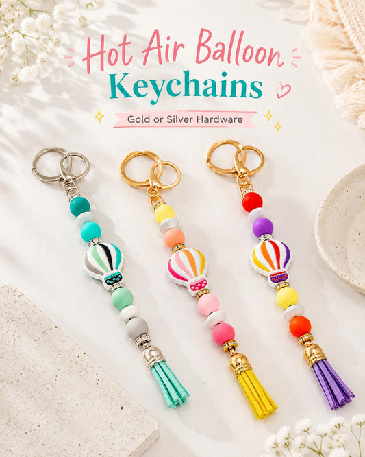 Hot Air Balloon Beaded Keychain, Tassel Purse Charm, Handmade Bag Charm, Gold or Silver Hardware, Backpack Accessory