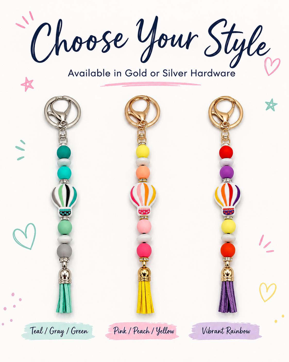 Hot Air Balloon Beaded Keychain, Tassel Purse Charm, Handmade Bag Charm, Gold or Silver Hardware, Backpack Accessory