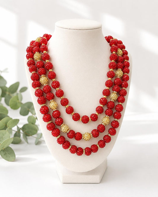 Stretchy no Clasp Design! Dazzling Shamballa Beaded Necklaces: Sparkly Red & Gold