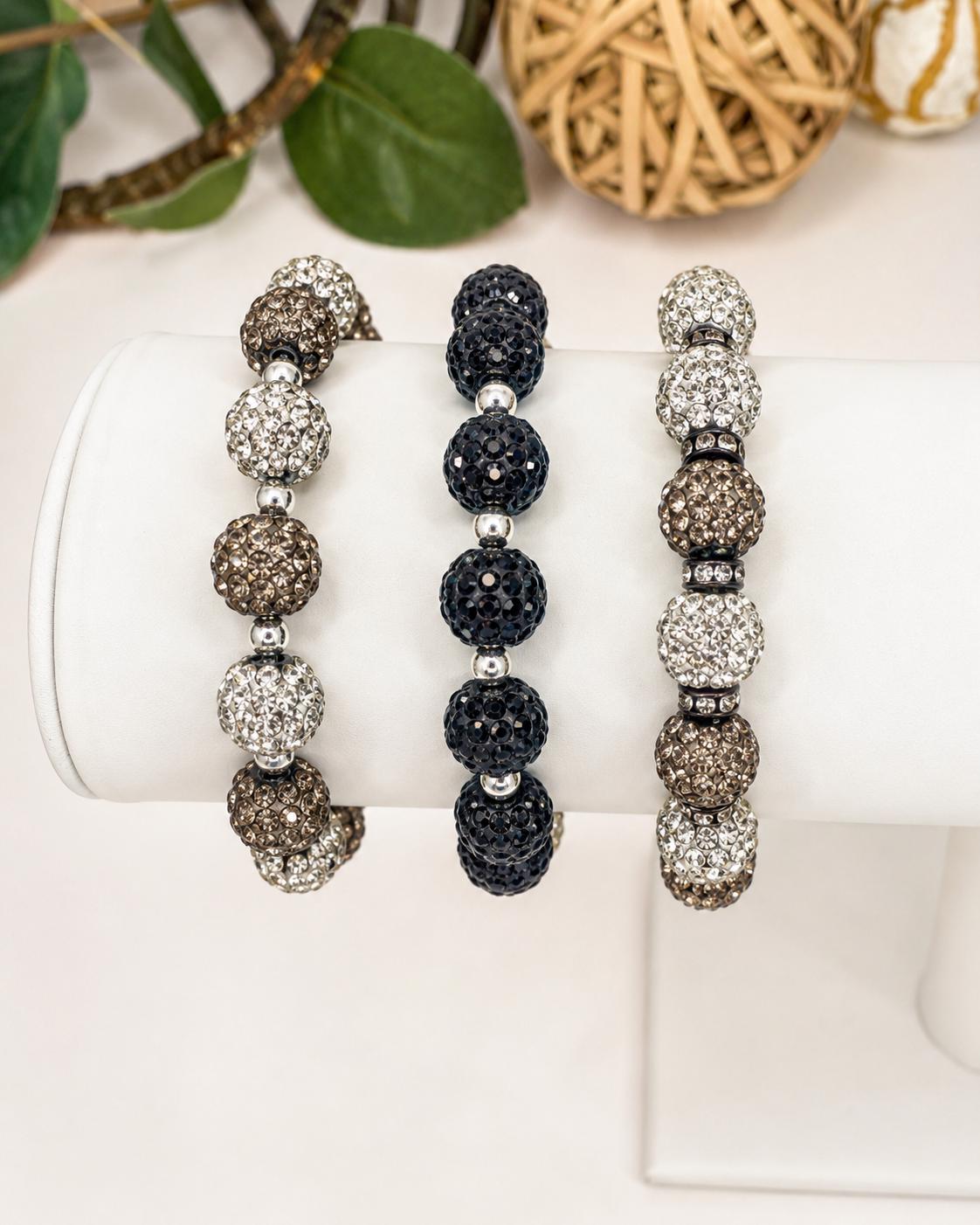 Elegant Sparkle Shamballa Bead Bracelets Grey Black White Handmade Jewelry Gift Set for Women - Stretchy, No Clasp Design