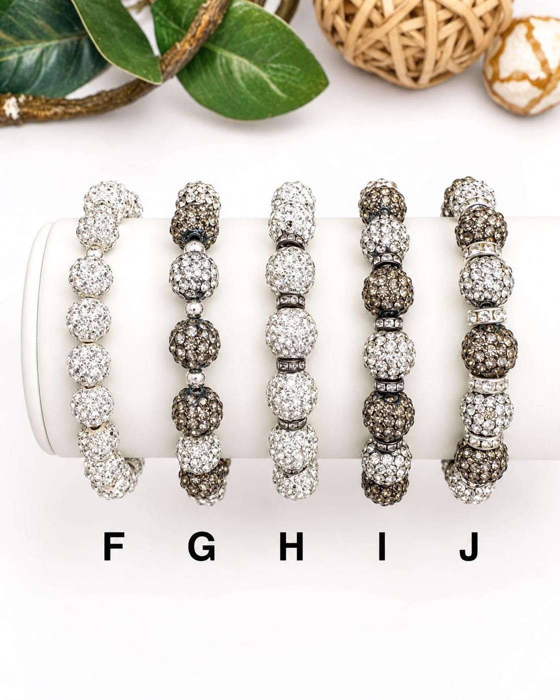 Elegant Sparkle Shamballa Bead Bracelets Grey Black White Handmade Jewelry Gift Set for Women - Stretchy, No Clasp Design