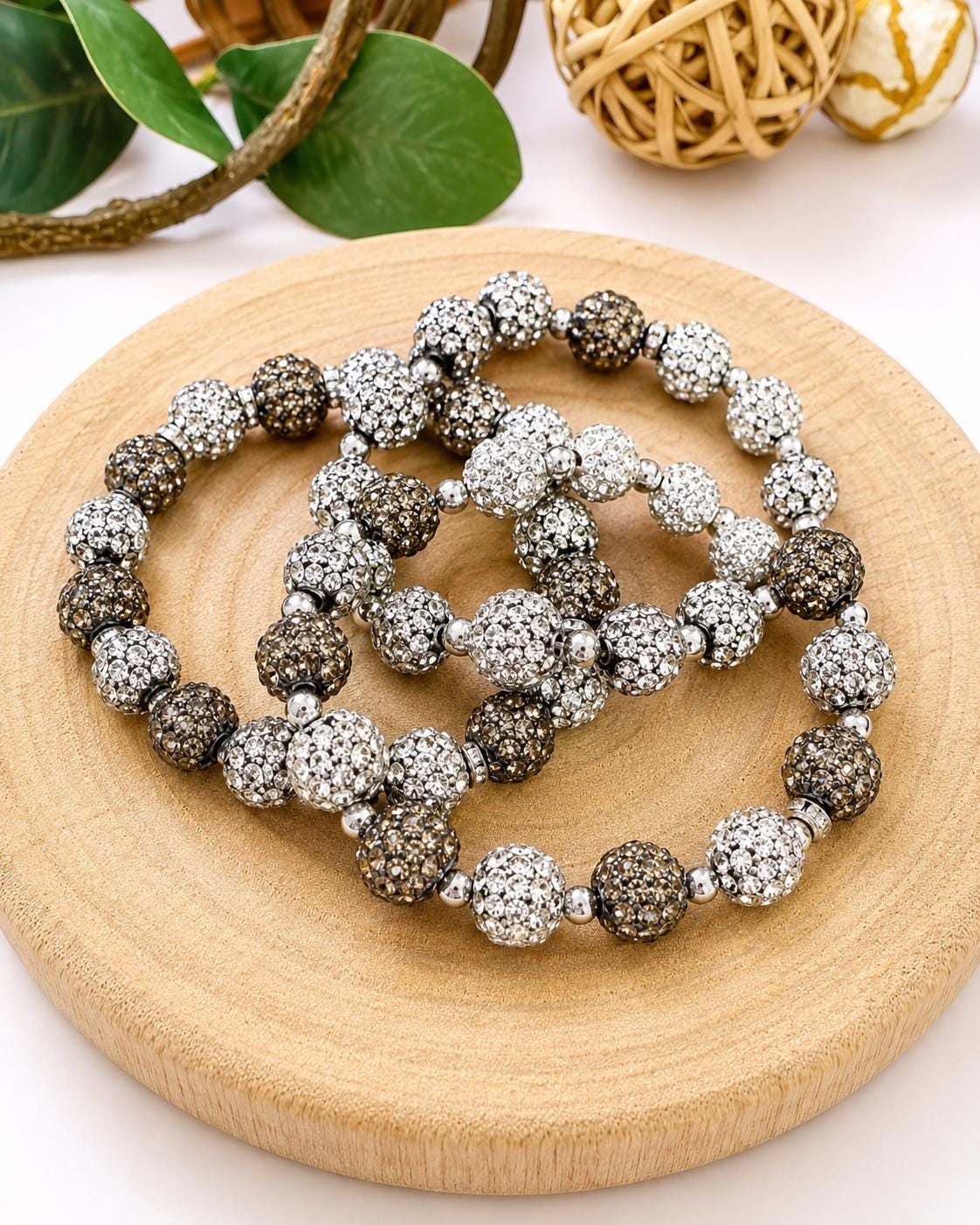 Elegant Sparkle Shamballa Bead Bracelets Grey Black White Handmade Jewelry Gift Set for Women - Stretchy, No Clasp Design