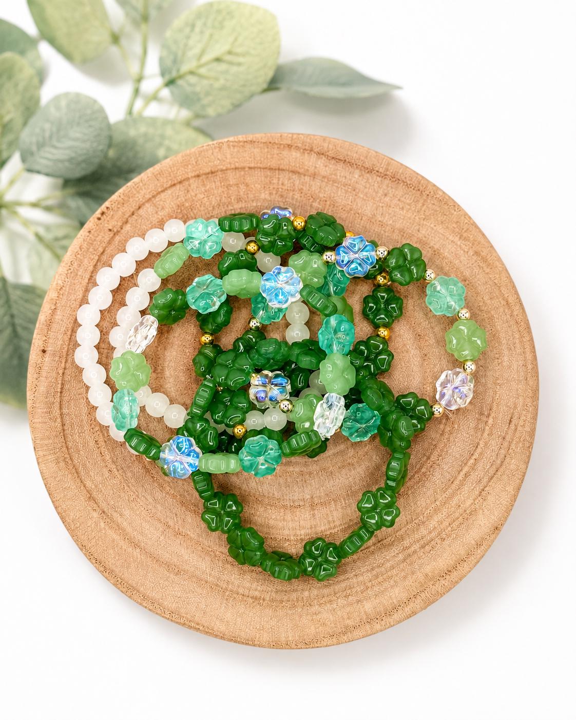 Lucky Charm: Green Glass Four Leaf Clover Bracelet - Stretchy, No Clasp Design