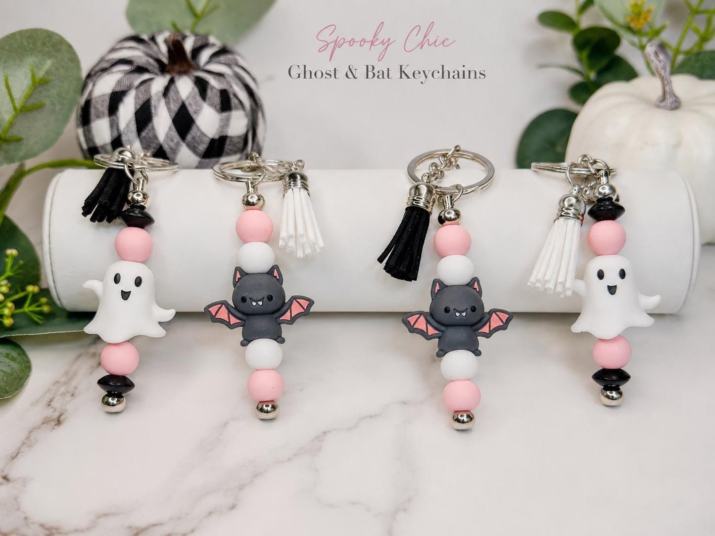 Halloween Ghost and Bat Beaded Keychains