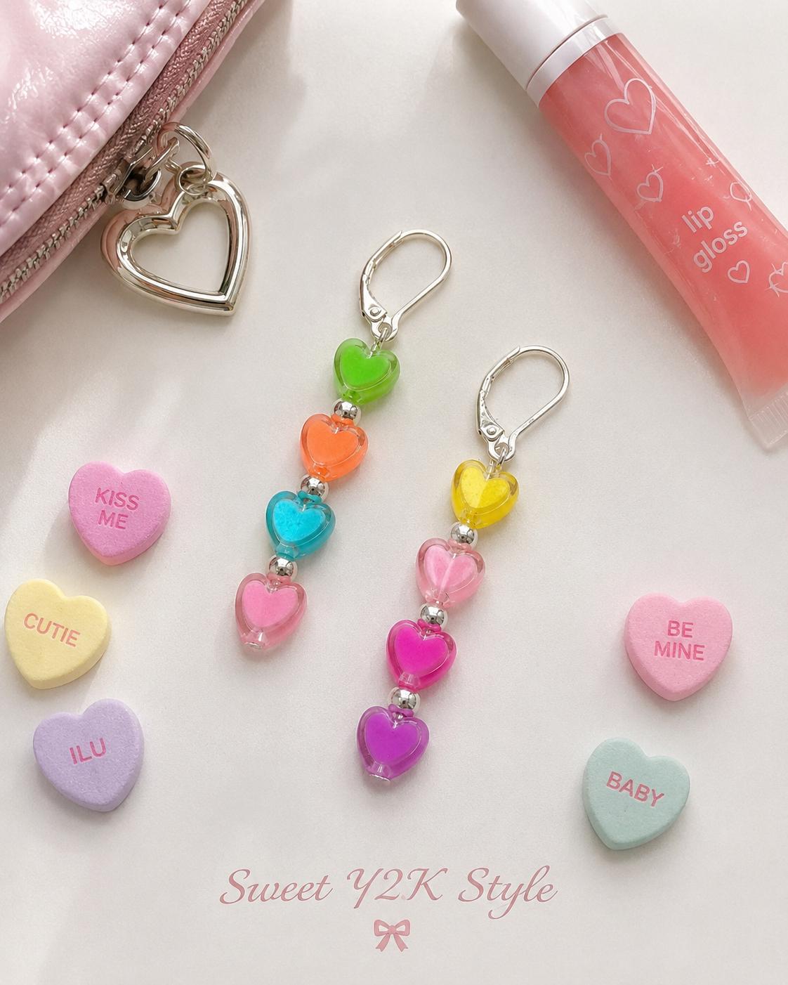 Pastel Candy Heart Earrings, Y2K Coquette Jewelry, Hypoallergenic Silver Leverback Dangle, Sweet Conversation Heart Gift, Kawaii Drop