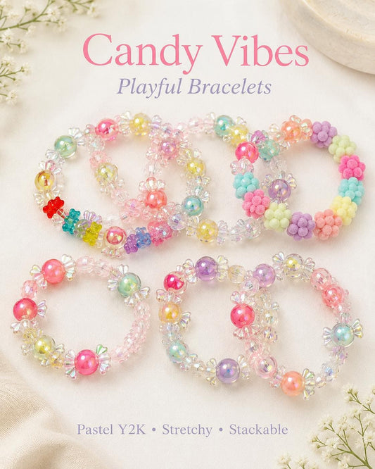 Candy Bead Bracelet, Pastel Y2K Aesthetic Jewelry, Playful Kawaii Beaded Stack, Sweet Colorful Charm, Cute Gift for Tween Girls