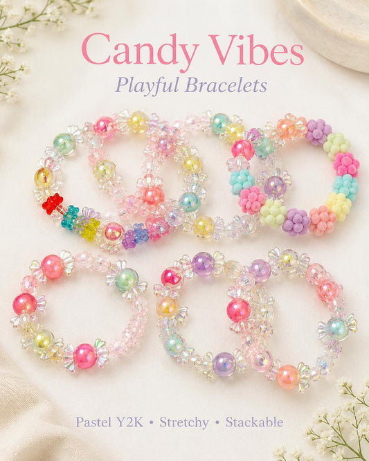 Candy Bead Bracelet, Pastel Y2K Aesthetic Jewelry, Playful Kawaii Beaded Stack, Sweet Colorful Charm, Cute Gift for Tween Girls