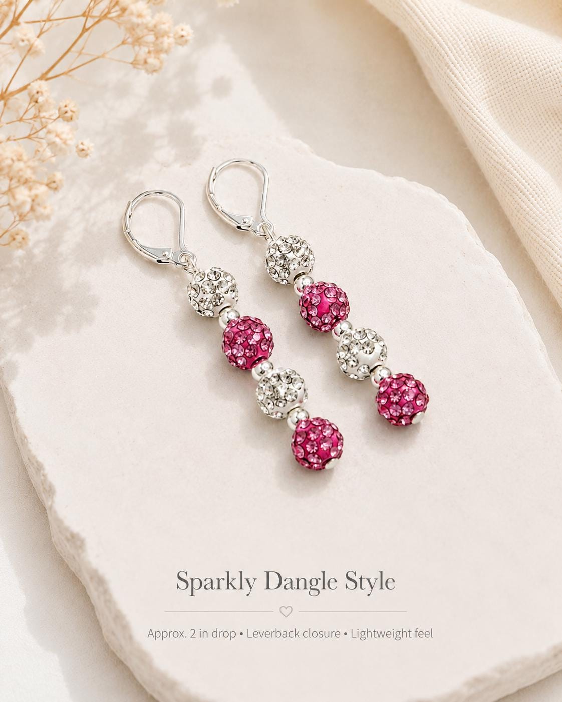 Pink and White Rhinestone Earrings, Sparkly Beaded Dangle Drop, Hypoallergenic Silver Leverback, Coquette Aesthetic Jewelry, Gift for Her