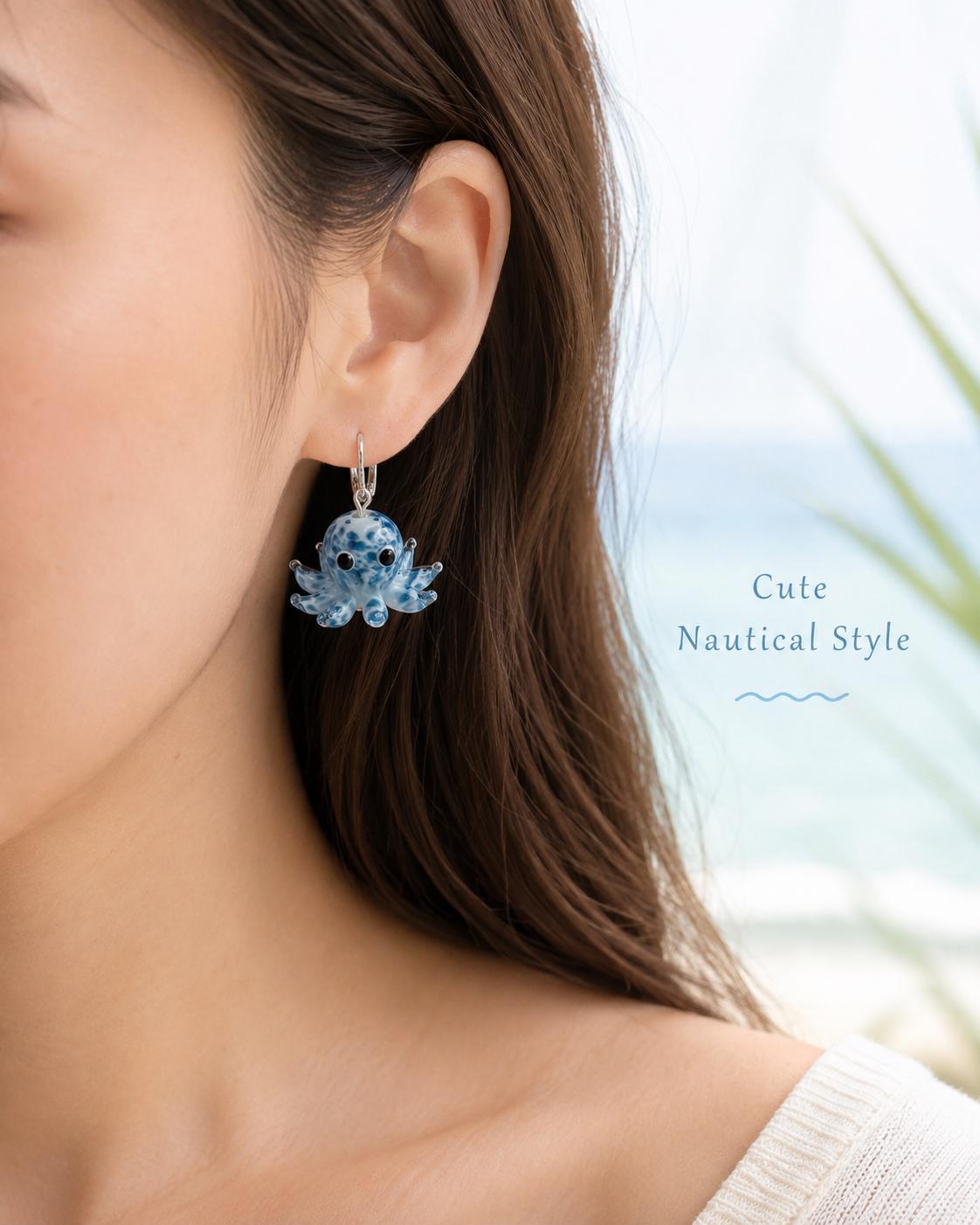Glass Octopus Earrings, Cute Nautical Ocean Jewelry, Hypoallergenic Silver Leverback Dangle, Speckled Sea Life, Beach Vacation Gift for Her