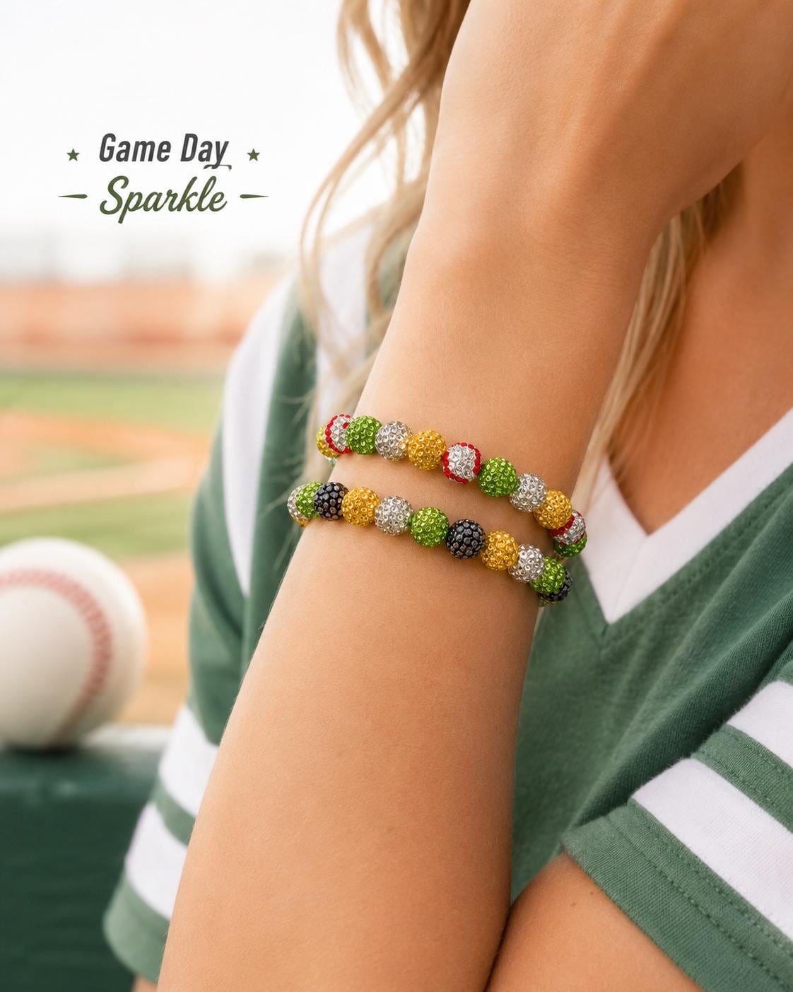 Green Savannah Baseball Rhinestone Bracelet, Party Animal Team Colors Jewelry, Banana Game Day Bling Stack, Stretchy Sports Mom Gift