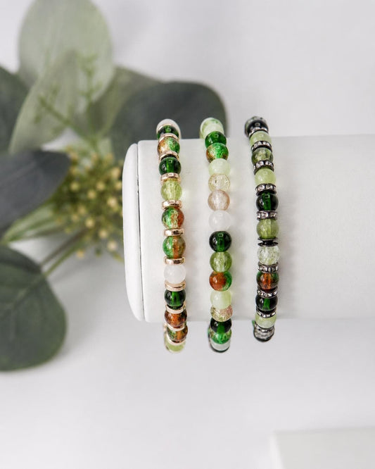 Earthy Elegance: Green & Brown Beaded Bracelet - Stretchy, No Clasp Design