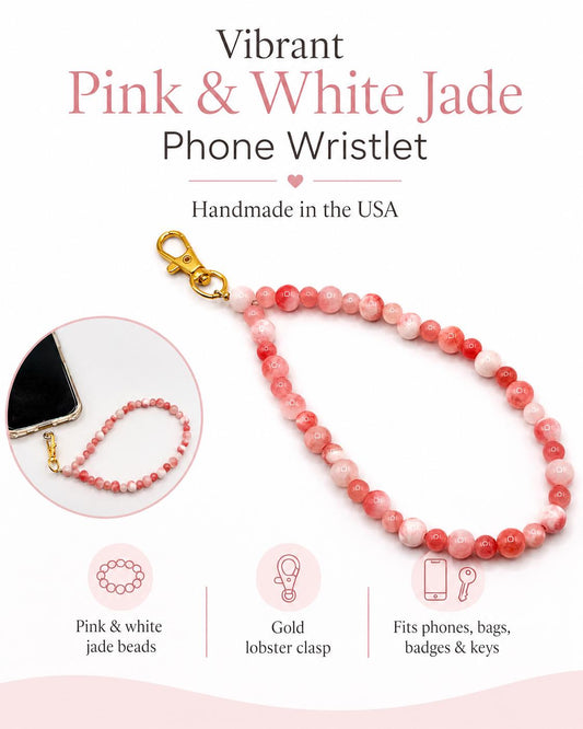 Pink Jade Stone Phone Strap, Natural Gemstone Phone Wristlet, Genuine Jade Crystal Phone Charm, Luxury Stone Wrist Strap, Gift for Her