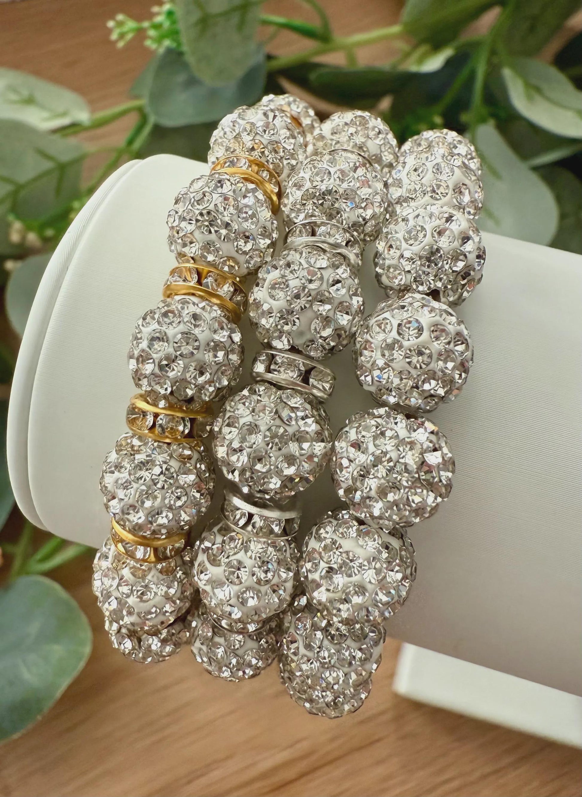 Rhinestone Shamballa Bracelet | Sparkly Stretch Bead Bracelet for Women | Silver and Gold Bling Jewelry | Bridesmaid Gift | Prom Accessories