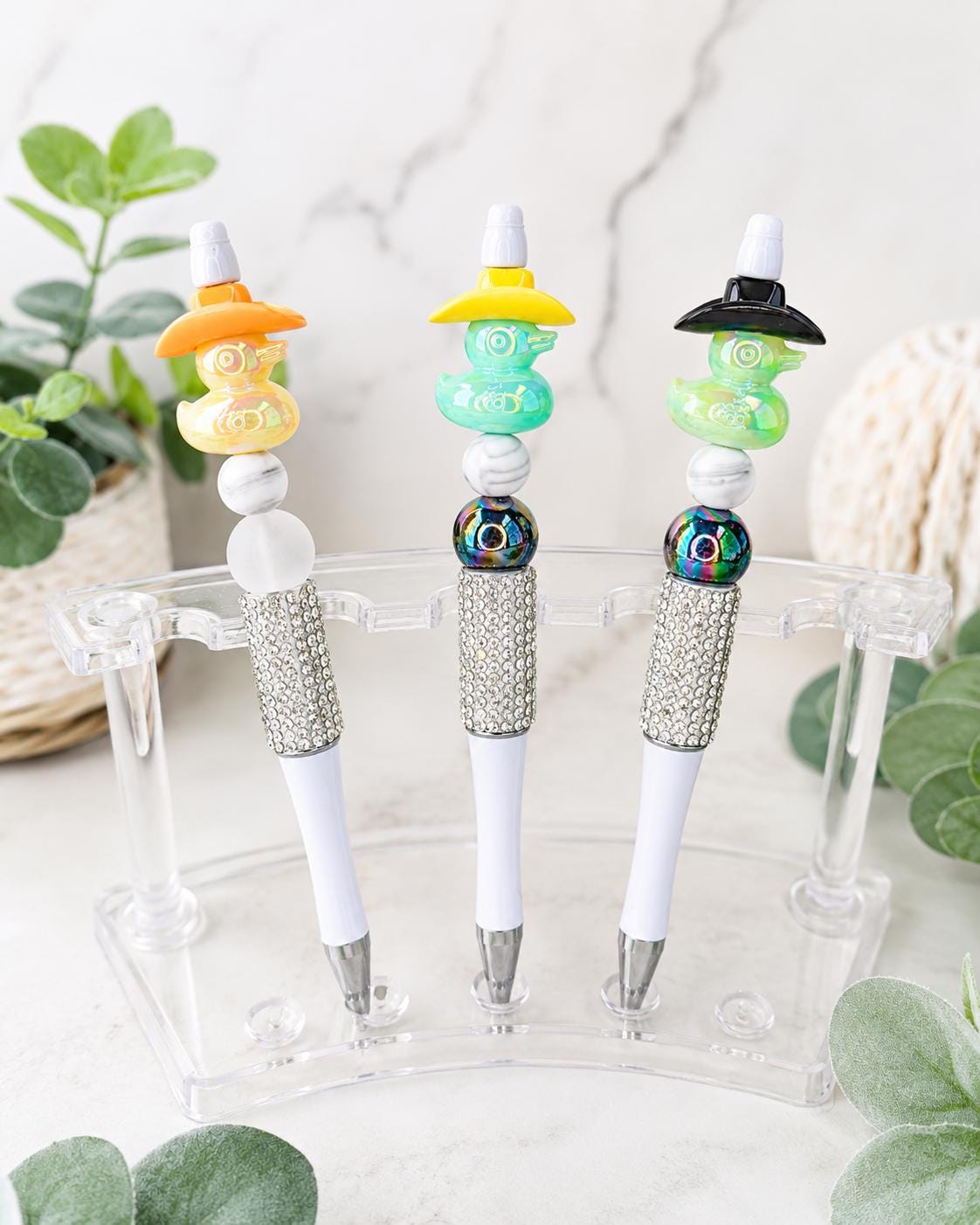 Cowboy Duck Beaded Pen, Iridescent Duck Charm Pen, Rhinestone Black or White Teacher Gift