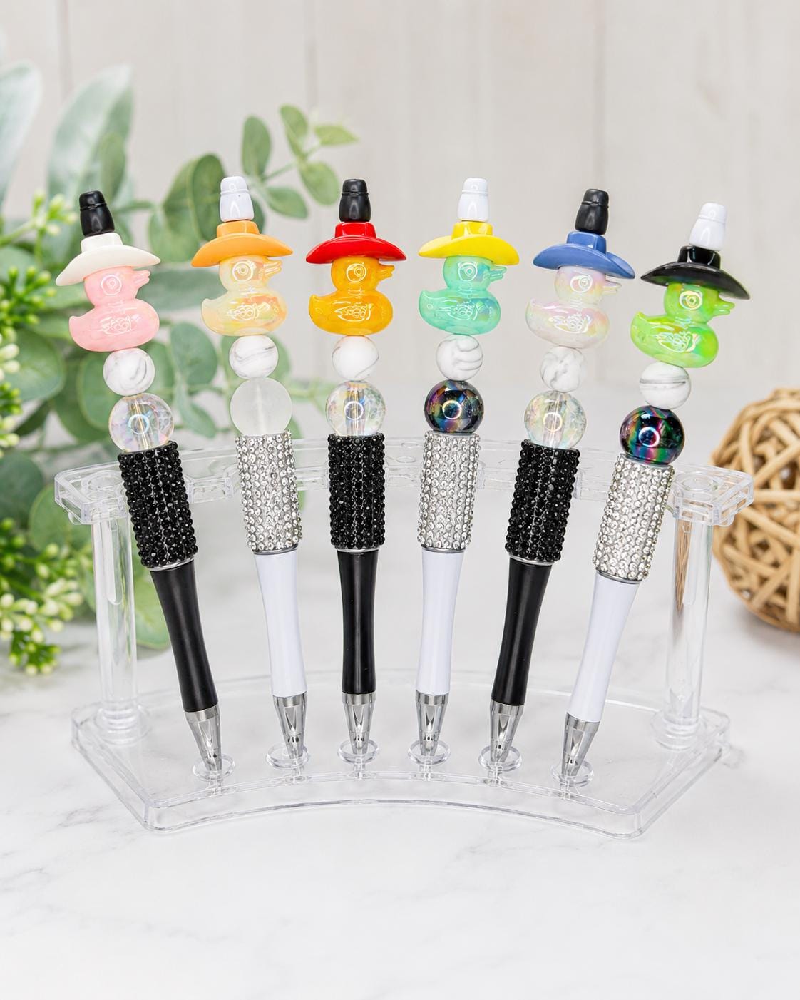 Cowboy Duck Beaded Pen, Iridescent Duck Charm Pen, Rhinestone Black or White Teacher Gift
