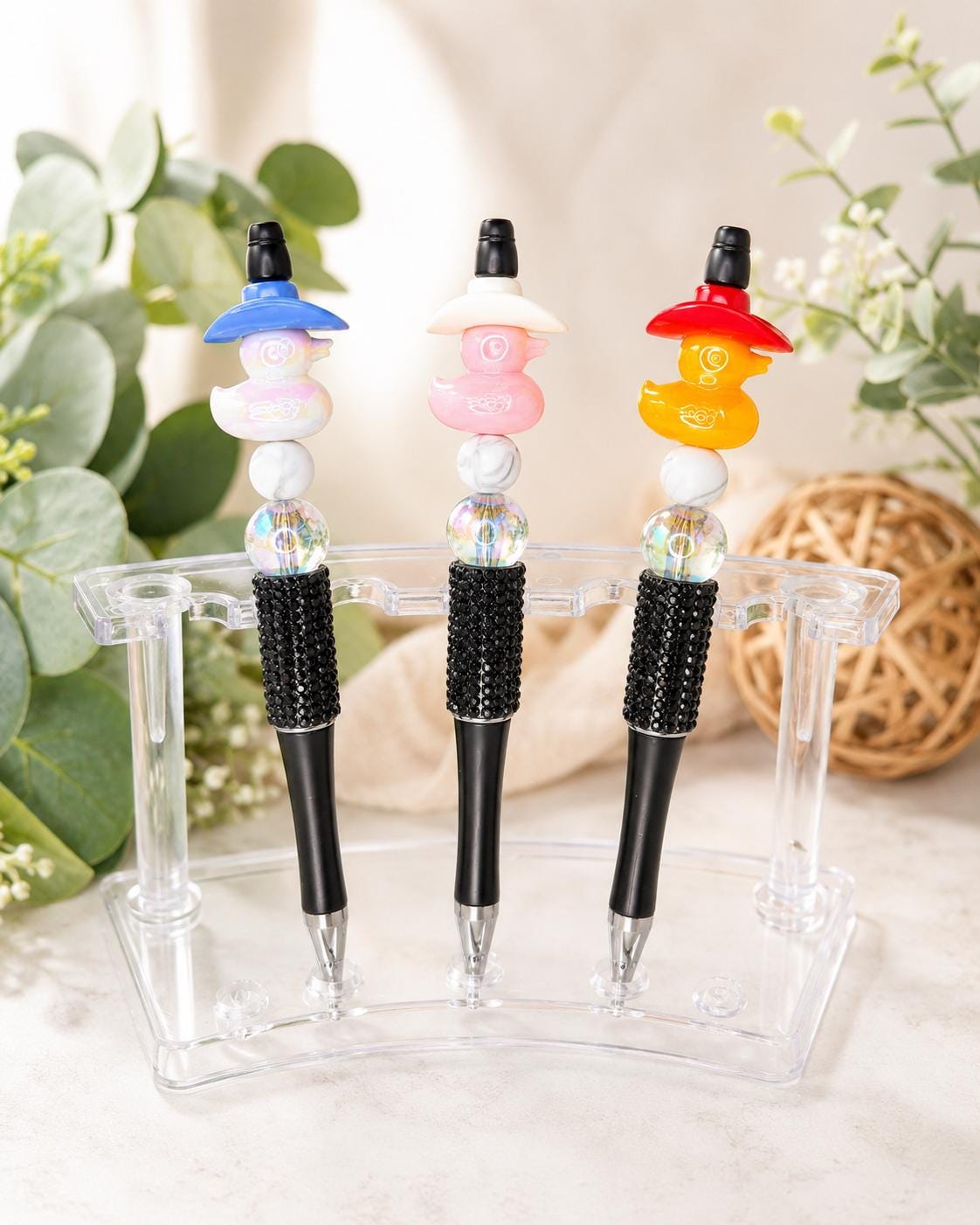 Cowboy Duck Beaded Pen, Iridescent Duck Charm Pen, Rhinestone Black or White Teacher Gift