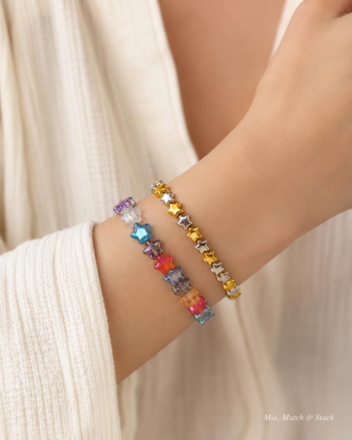Starry Nights: Trendy Glass & Metal Star Bracelets- Stretch Bracelets- Various Sizes- - Stretchy, No Clasp Design