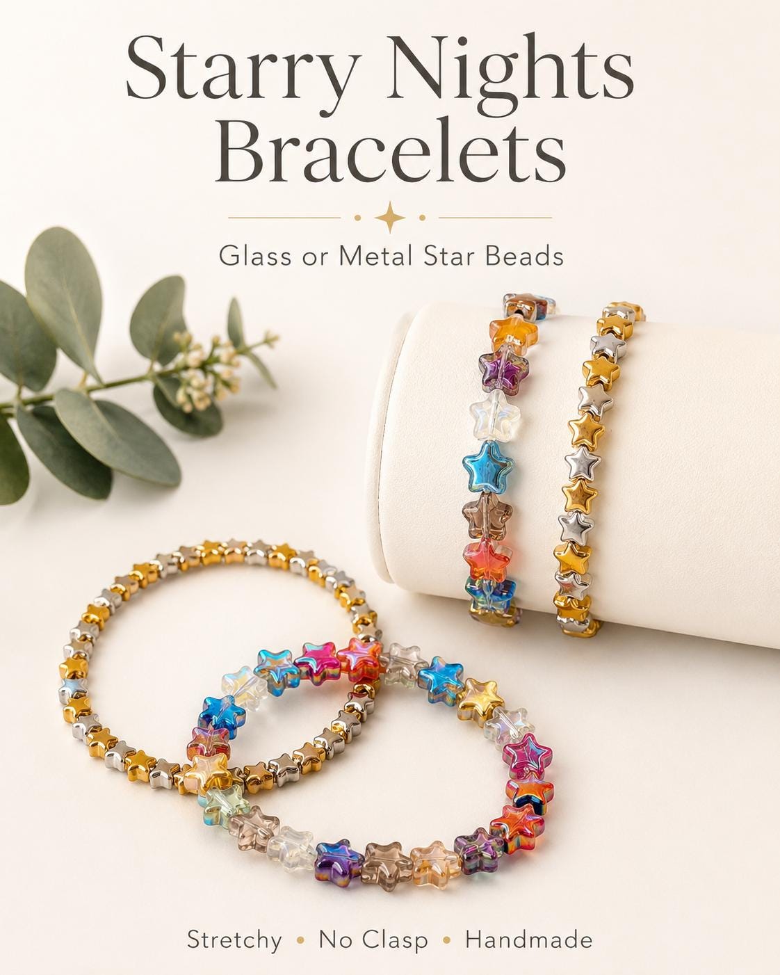 Starry Nights: Trendy Glass & Metal Star Bracelets- Stretch Bracelets- Various Sizes- - Stretchy, No Clasp Design