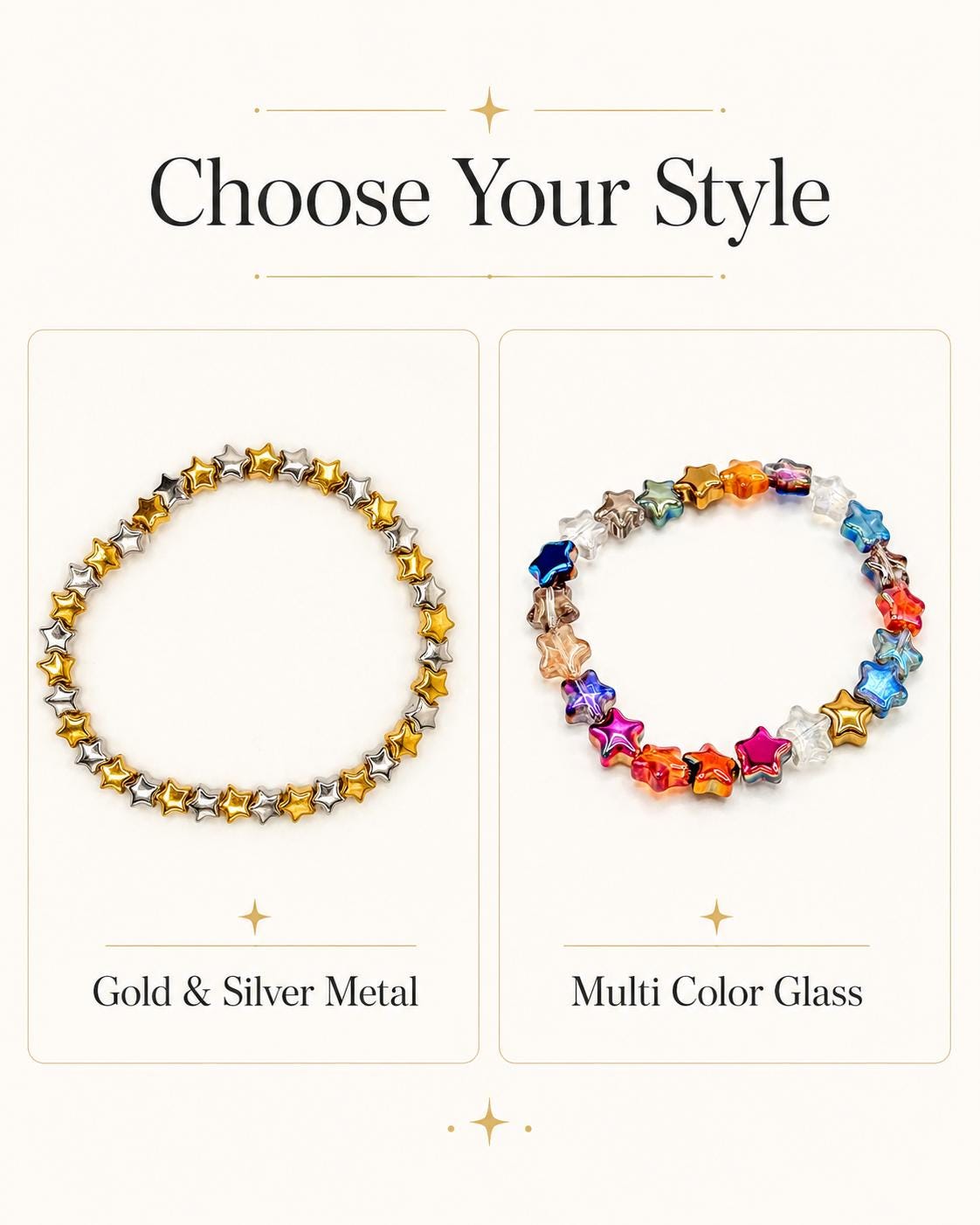 Starry Nights: Trendy Glass & Metal Star Bracelets- Stretch Bracelets- Various Sizes- - Stretchy, No Clasp Design