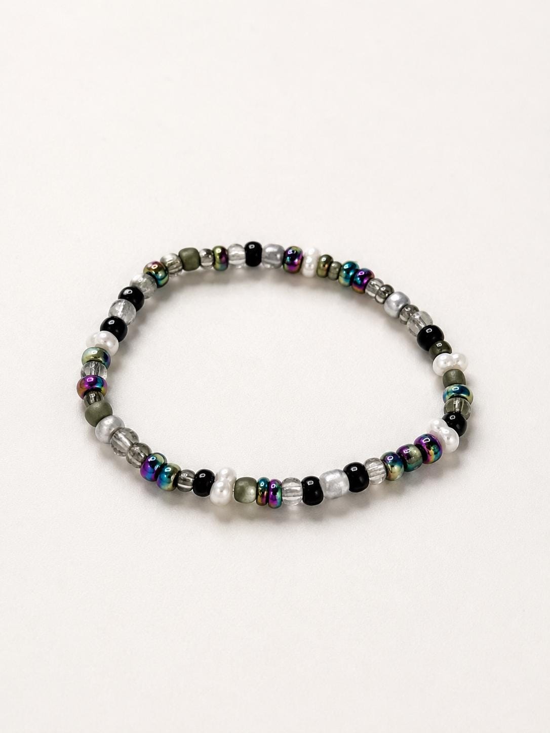 Midnight Sky Glass Seed Bead Bracelet, Iridescent Black Gray White, 3-4mm mixed bead