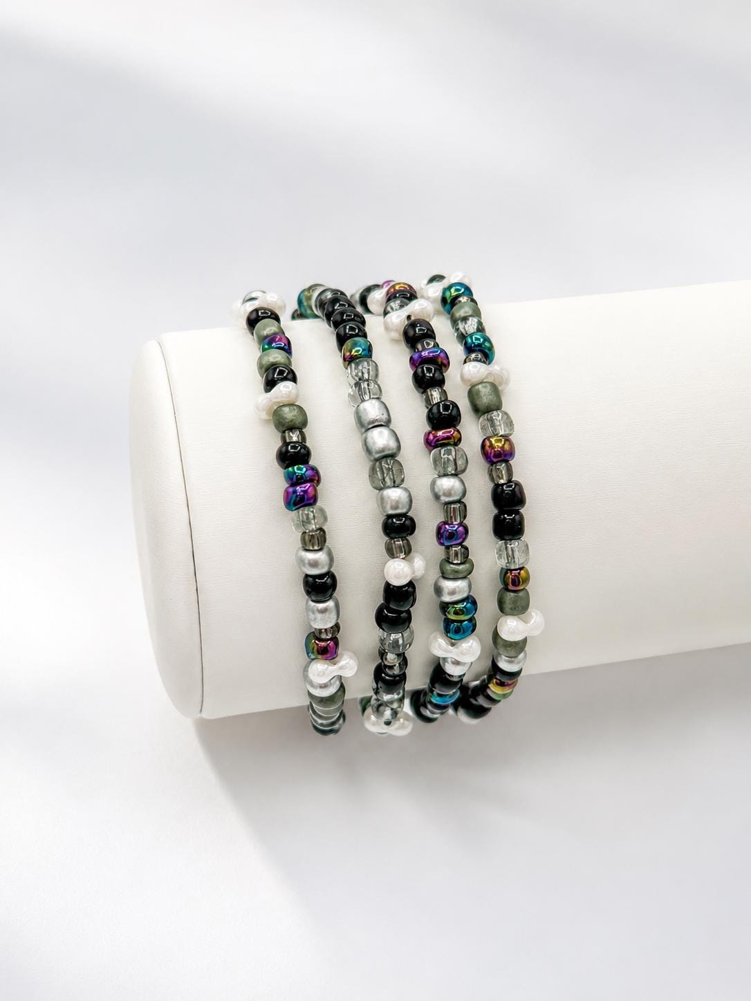 Midnight Sky Glass Seed Bead Bracelet, Iridescent Black Gray White, 3-4mm mixed bead