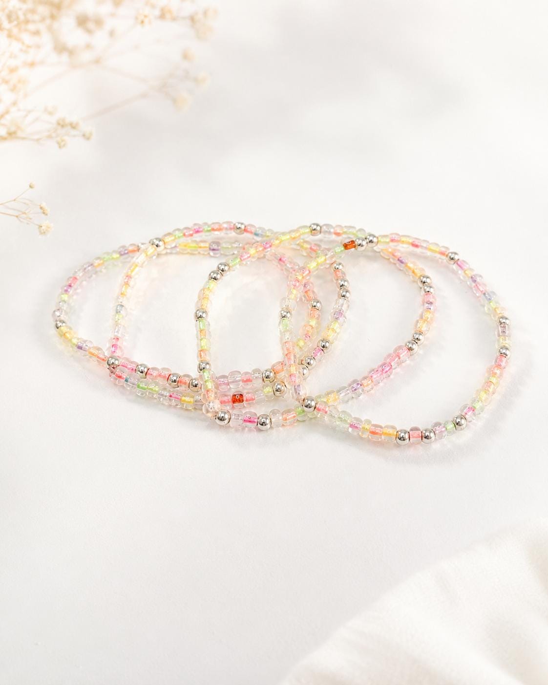 Pastel Glass Seed Bead Bracelet, 4mm Silver Accents, Stretch Bracelet, Semi Translucent Color Lined Beads
