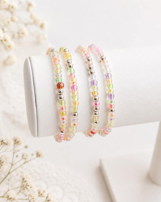 Pastel Glass Seed Bead Bracelet, 4mm Silver Accents, Stretch Bracelet, Semi Translucent Color Lined Beads